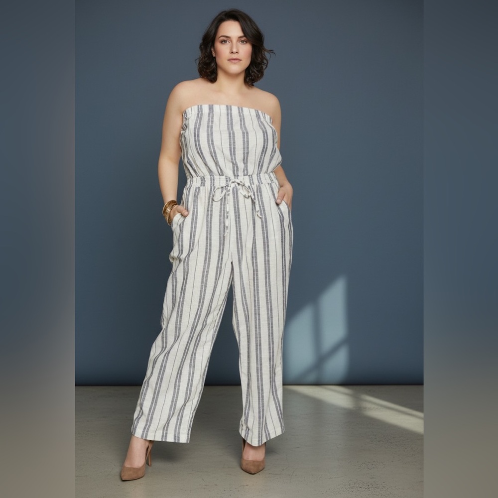 Zen Bohemian•Modern Minimalist Striped Linen Style Jumpsuit•1X-2X